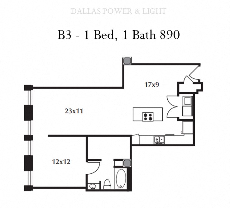 Floor plan for 1 bed, 1 bath, 890 sqft